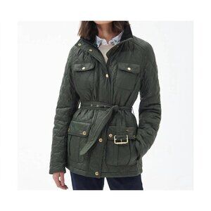 Bernardo Womens XS Diamond Quilted Jacket Green With Waist-Cinching Belt Pockets